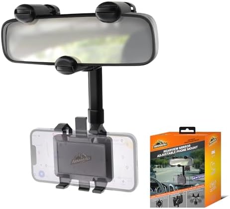 Armor All Phone Mount for Car, Rear View Mirror Phone Holder, 360° Rotatable, Adjustable Telescopic Arm, Car Phone Holder for iPhone, Samsung, & All Cell Phones Between 2.5” in – 3.7” in. Wide – Enhanced Compatibility and Speed