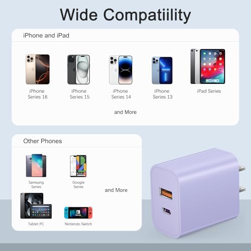 Compact 20 W USB C Wall Charger Set – Fast Charging 4-Pack in Stylish Purple for i Phone 16, Samsung, and Android Devices – Ultimate Portability and Efficiency for On-the-Go Power Needs
