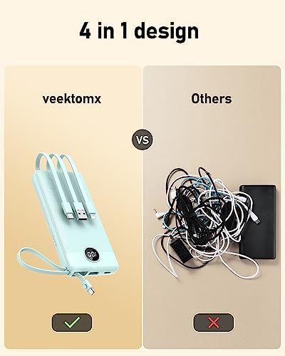 VEEKTOMX 10,000 m Ah Portable Power Bank with Integrated Charging Cables – Slim, Lightweight Fast Charger for i Phone, Samsung, and Android Devices – Essential Travel Companion with Intelligent Charging Technology for On-the-Go Convenience