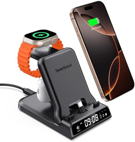 Swan Scout 701 A 3-in-1 Fast Charging Dock: 25 W Multi-Device Power Hub for i Phone 14 Pro Max/13/12/11/X/8 Plus, Apple Watch Series 9/8/7/6 & Air Pods – Stylish, Efficient Charging Station for Home & Office Organization