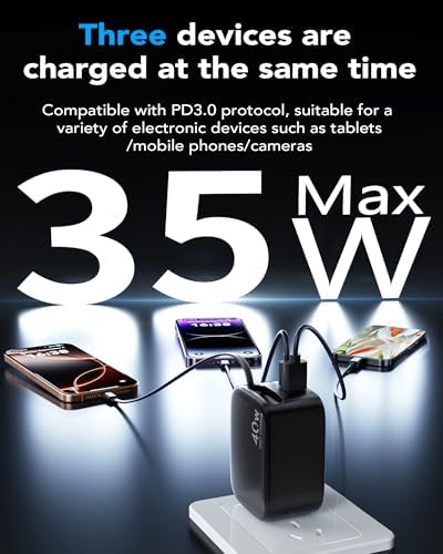 Rapid 35 W Ga N USB Wall Charger with Retractable Lightning Cables – Portable and Sleek Charging Solution for i Phone 14/13/12 & i Pad – Tangle-Free Design for Effortless Travel and Enhanced Compatibility with Apple Devices
