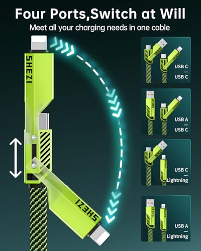 SHEZI 4-in-1 Fast Charging USB C Cable – 60 W Power Delivery with Lightning, USB C, and USB A Ports – 5 FT Durable Flat Nylon Braided Cord – Stylish Pink Design for i Phone, i Pad, and More – High-Speed 480 Mbps Data Transfer Solution for All Your Devices