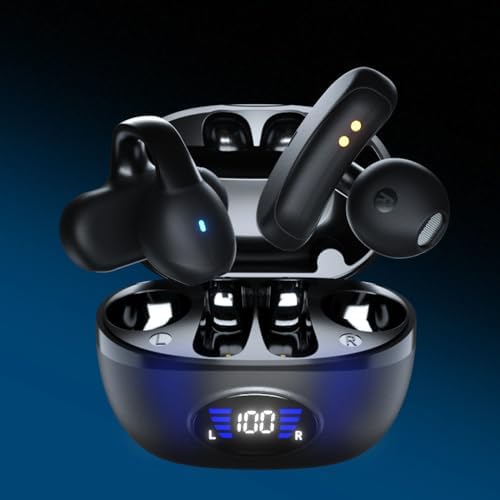 IHAO Bluetooth 5.3 Clip-On Sport Earbud Headphones – 80-Hour Playtime, Noise-Cancelling Hi-Fi Sound, IPX4 Waterproof, Secure Fit for Active Lifestyles, Perfect for Workouts and Leisure, Enhanced Connection Speed, Painless Wear – Black