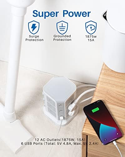 KOOSLA Power Strip Tower – 12 AC Outlets & 6 High-Speed USB Ports with 15 A Surge Protection – 6.5 ft Heavy-Duty Extension Cord for Home Office & Dorm Room – Compact Design for Efficient Power Distribution – Versatile Charging Station for Multiple Devices