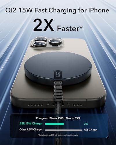 ESR Mag Safe Charger Duo Pack – 15 W Fast Wireless Charging Pad with Qi2 Technology for i Phone 12-16, Galaxy S25, and Air Pods – Superior Magnetic Alignment & Type-C Cable Included – Sleek Black Design for Effortless Charging Convenience