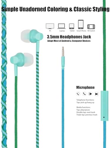 Vividly Handcrafted Kids Earbuds with Microphone – Playful Bracelet-Inspired Aesthetics for School and Leisure, Tailored Small Ear Tips for Ultimate Comfort, Ultra-Lightweight with Backpack Attachment – Resilient Audio Solution for Young Audiophiles (Green-Blue Woven)