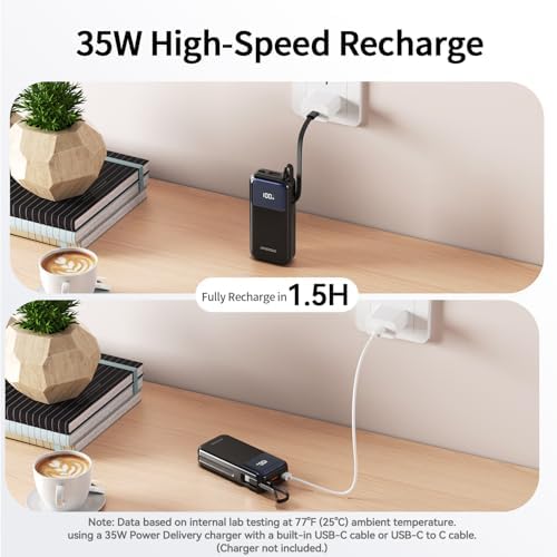 10,000 m Ah Portable Power Bank with Integrated USB-C Cable – Ultra-Fast Charging Solution for i Phone 16/15, Mac Book, Galaxy, i Pad & Air Pods – Your Essential Travel Power Companion with Superior Device Compatibility and Speed