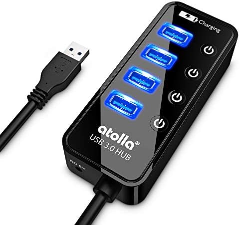 Enhance Your Connectivity with the atolla USB 3.0 Hub – 4-Port Super Speed Splitter with Individual On/Off Switches and Dedicated Charging Port for Seamless Device Management and Fast Data Transfers (2 Feet Long, No AC Adapter Required)