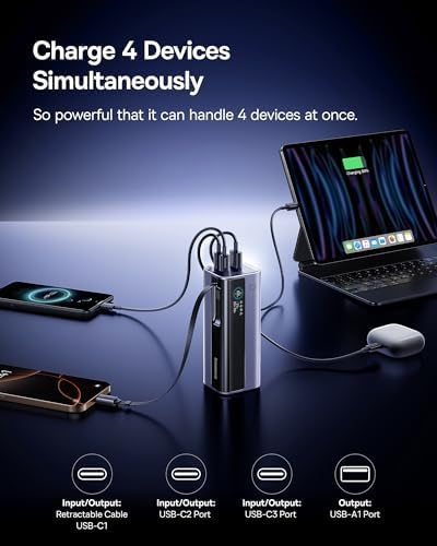 Baseus 20800 m Ah 145 W Multi-Device Power Bank – Rapid Charging Hub with 4 Ports & Smart Digital Display for Mac Book, i Phone, Samsung, Dell & Steam Deck – Ultimate Portable Charger for Professionals & Gamers on the Move