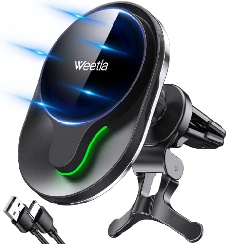 Revolutionize Your Driving with the Weetla Magnetic Wireless Car Charger for i Phone – Effortless Mag Safe Air Vent Mount Compatible with i Phone 14/13/12 Series and Cases, Fast Charging, Sleek Design for Ultimate Convenience and Accessibility