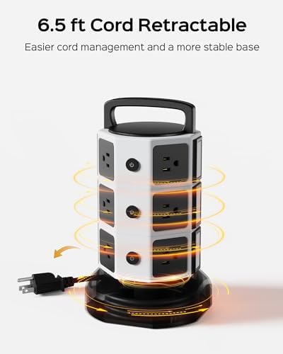 JACKYLED Power Strip Tower Surge Protector with 12 Outlets and 6 USB Ports (2 USB-C) – High-Speed Charging Station with 1050 Joules Protection, 1625 Watts, 6.5 ft Extension Cord for Enhanced Home Office Efficiency and Device Safety