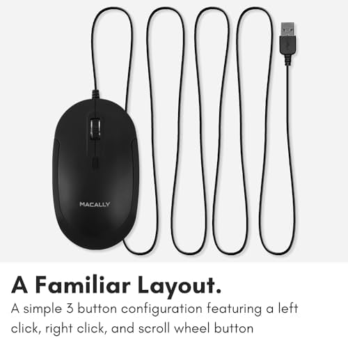 Sleek Silent Wired Computer Mouse for Mac & PC – Macally Ergonomic USB Optical Mouse with Adjustable DPI for Ultimate Precision – Compact, Lightweight Design Ideal for Office & Travel – Noise-Free Clicks for Distraction-Free Work Sessions