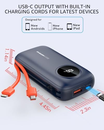Ayeway Ultra-Compact 10,000 m Ah Portable Power Bank with Integrated Charging Cable – Fast USB C Battery Pack for i Phone, Samsung, and 5 V Heated Vests – Lightweight, Multi-Device Charging Solution for On-the-Go Connectivity