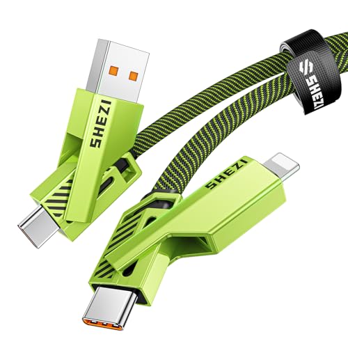 SHEZI 4-in-1 Fast Charging USB C Cable – 60 W Power Delivery with Lightning, USB C, and USB A Ports – 5 FT Durable Flat Nylon Braided Cord – Stylish Pink Design for i Phone, i Pad, and More – High-Speed 480 Mbps Data Transfer Solution for All Your Devices