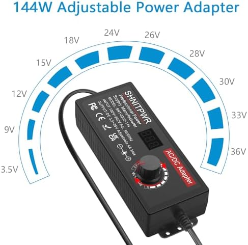 Universal Multi-Voltage Power Supply Adapter – SHNITPWR 144 W AC/DC Converter with 14 Interchangeable Tips for Global Electronics Compatibility – Fast Charging up to 4 A for Devices Requiring 3.5 V to 36 V – Ideal Solution for Home and Travel – Compact Design for Efficient Storage and Use – Reliable and Safe Power Source with Overvoltage and Overheating Protection – Elevate Your Charging Experience with This Essential Adapter for Gadgets and Appliances