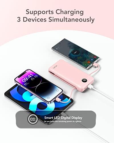 VRURC 20000 m Ah Pink Portable Charger – Fast Charging Power Bank with Built-in Wall Plug & Cables, LED Display, 4 Outputs & Dual Inputs for Effortless Travel Charging Solutions, Ideal for Busy Lifestyles and Enhanced Device Compatibility