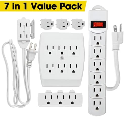 Comprehensive 7-Piece Multi-Outlet Power Management Kit – Versatile 6 Outlet Power Strip, Dual Outlet Extenders, 5 Ft Indoor Extension Cord & 3 Prong Adapters for Enhanced Compatibility – Essential Home & Office Surge Protection Solution in Sleek White Design