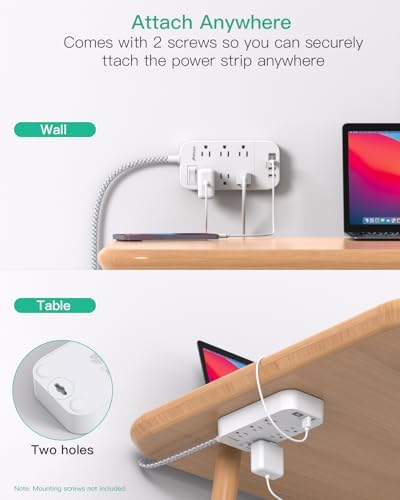 10 FT Flat Plug Power Strip with 6 Outlets and 4 USB Ports – Overload Protection Surge Protector for Home & Office – Versatile Wall Mount Desktop Charging Station for Efficient Power Management and Fast Device Charging