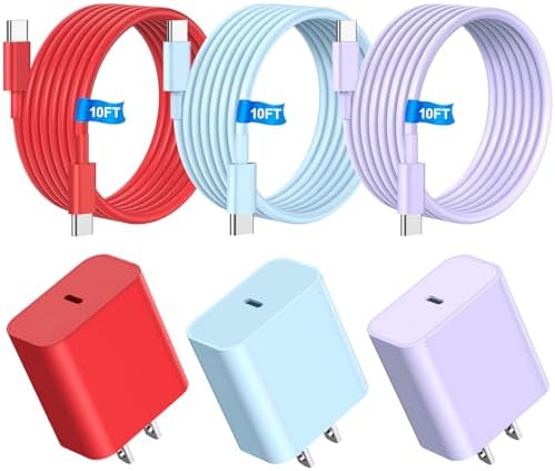 Ultimate 3-Pack i Phone Fast Charger Set: 20 W USB-C Power Blocks with 10 FT Cables – Stylish Purple, Red, and Blue for i Phone 15/16 Pro/Max/Plus – Enhanced Speed and Durability for All Your Charging Needs
