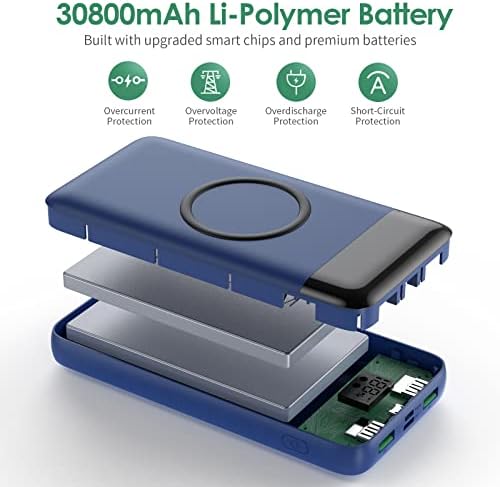 Ultra-High Capacity 30,800 m Ah Wireless Power Bank – 15 W Fast Charging & 25 W PD QC4.0 – Smart LED Display with 4 Outputs & 2 Inputs – Versatile USB-C External Battery Pack for i Phone, Samsung & More – Travel-Ready Charging Solution in Sleek White Finish