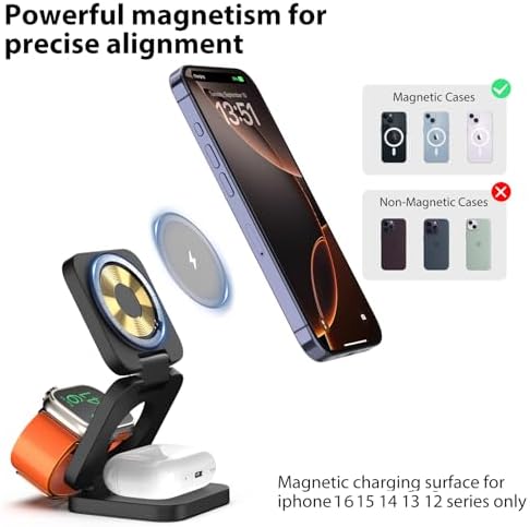 X55 Magnetic Foldable 3-in-1 Charging Station for Apple Devices – 15 W Fast Wireless Charger for i Phone 16, 15, 14, 13, 12 Series, 5 W Apple Watch Power Station, Portable Air Pods Charging Stand – Sleek Black Design for Travel and Home Use