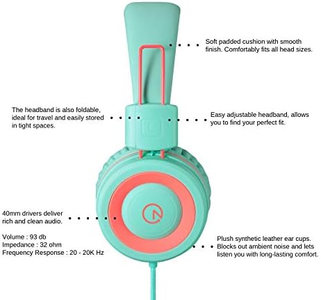 Noot Products K11 Kids Headphones – Ergonomic Foldable Wired On-Ear Audio Solution with 5 ft Tangle-Free Cord and 3.5 mm Jack for i Pads, Kindle, Fire Tablets, and Laptops – Ultimate Comfort and Stylish Design for School, Travel, and Gaming – Safe Listening Experience for Young Audiophiles