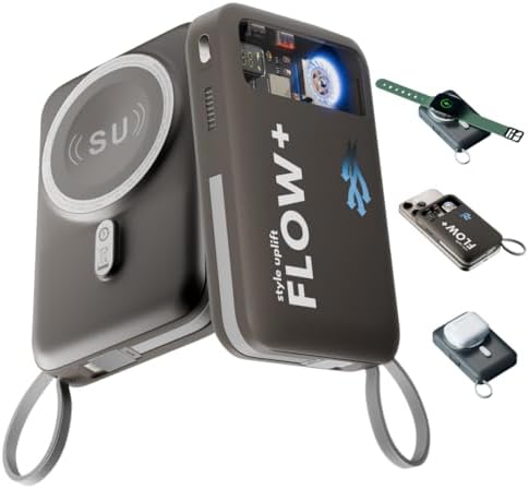 SU Flow+ 10000 m Ah Magnetic Power Bank – 4-in-1 Charger with Built-in Lightning & Type-C Cables, Mag Safe Compatible for i Phone 12-16, Wireless Charging for Apple Watch & Air Pods – Superior Portability & Fast Charging Solution for Samsung and Pixel Devices