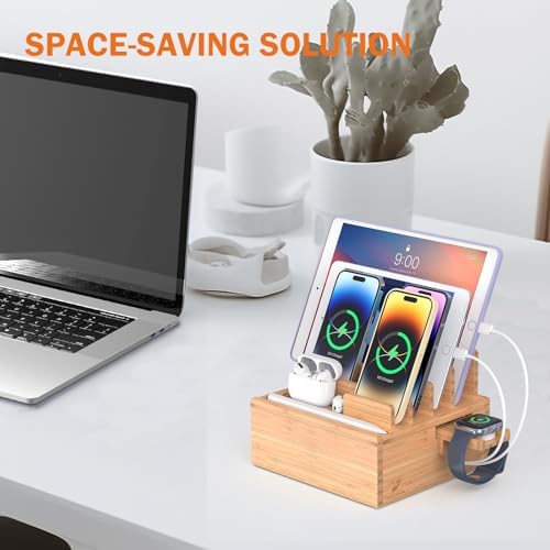 Bamboo Charging Station Organizer with 5-Port USB Hub and Charging Cables – Elegant Multi-Device Dock for Phones, Tablets, and Smartwatches – Eco-Friendly and Efficient Charging Solution for Home and Office Decor
