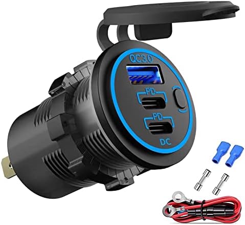 12 V Multi-Port USB Charger with Dual PD3.0 & Quick Charge 3.0 – Fast Charging Socket for Cars, Boats, RVs & ATVs – Built-in Power Switch for Enhanced Device Compatibility & Efficiency