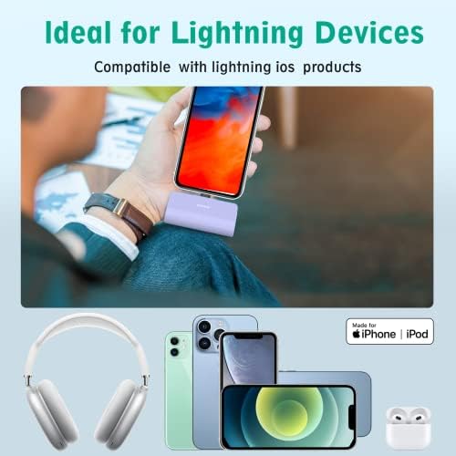 KKD 5000 m Ah Portable Charger for i Phone – MFi Certified Built-in Plug for Fast Charging on the Go, Compact Power Bank for i Phone 14/13/12/11/XR/X/SE/8/7/6/6 s/Pro Max/Plus & i Pad, Sleek Design for Ultimate Portability