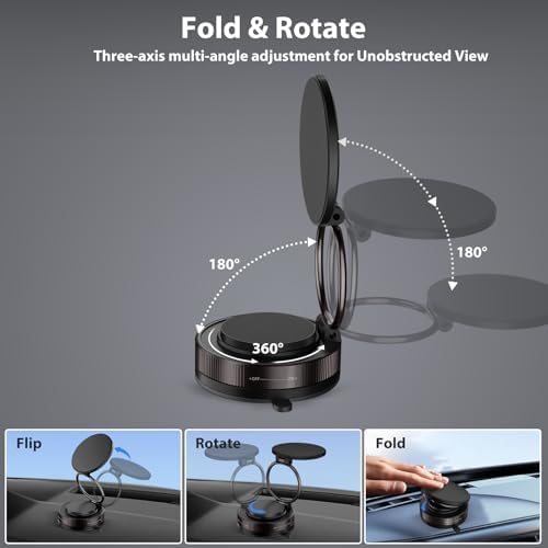 Jiunai Car Phone Holder for Mag Safe, Suction Cup Mount, Strong Magnets Fold Rotate Spin, Magnetic Phone Holder Stand, Hands Free Travel Airplane Glass Gym Mirror Desktop Stand for iPhone 16 15 14 – Enhanced Compatibility and Speed
