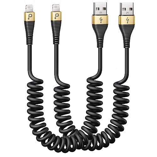 Premium Coiled Lightning Charger Cable for Car – 2-Pack with 3 FT & 5 FT Lengths, MFi Certified Retractable Cord for i Phone 14/13/12/11 Pro Max/XS MAX/XR/XS/8, i Pad & i Pod – Fast Charging & Enhanced Compatibility for Effortless Power on the Road