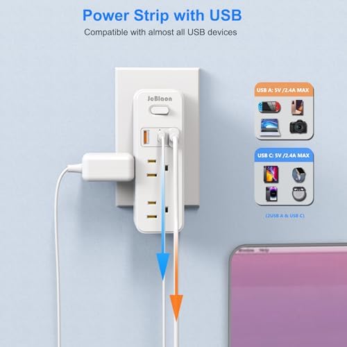 Compact Surge Protector Outlet Extender with Rotating Adapter – Multi-Plug Wall Outlet Splitter Featuring 6 AC Outlets and 3 USB Ports (1 Fast-Charging USB-C) for Home, Office, and Travel – Ultimate Safety and Space-Saving Charging Solution