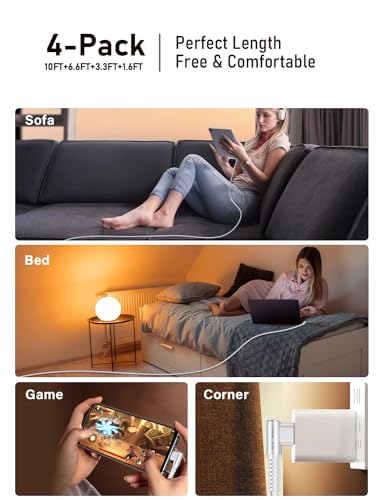 Experience Unmatched Charging Versatility with MRGLAS 4-Pack USB C to USB C Cables – 60 W Fast Charge, Right Angle Design, Perfect for i Phone 16 Pro Max, Samsung S25, and i Pad Pro – Durable Gold-Plated Connectors and Multiple Length Options (10 FT, 6.6 FT, 3.3 FT, 1.6 FT) for Seamless Connectivity and Enhanced Durability – Elevate Your Power Delivery Game with Nylon Braided Cables for Optimal Performance and Reliability