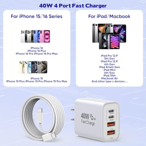 Ultimate 10 FT i Phone 16 & 15 Pro Charger Set – Dual Pack 40 W USB C Fast Charging Cables with 4-Port PD & AC Wall Adapter for Enhanced Compatibility and Convenience – Ideal for Home and Office Use