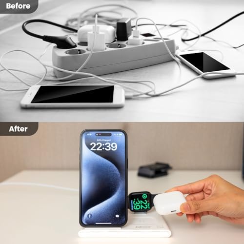 Transform Your Charging Routine with the Jabees Power Glow 4-in-1 Wireless Charging Station – Fast Qi Technology for i Phone 15/14/13, Samsung Galaxy, Apple Watch, and Air Pods Pro – Sleek Black Design with Dual-Color LED Night Light for Enhanced Ambiance and Efficiency – Perfect for Tech-Savvy Individuals Seeking Organization and Style