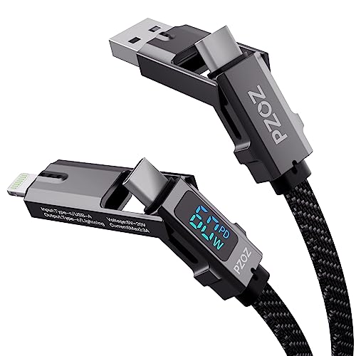 pzoz 4-in-1 USB C Fast Charging Cable with LED Status Display – Versatile Multi-Device Charger for i Phone 16/15/14 Pro Max, i Pad, Mac Book, Air Pods Pro, Samsung, and Google (60 W, 5 ft) – Streamlined Efficiency, Enhanced Durability, and Universal Compatibility for All Your Charging Needs