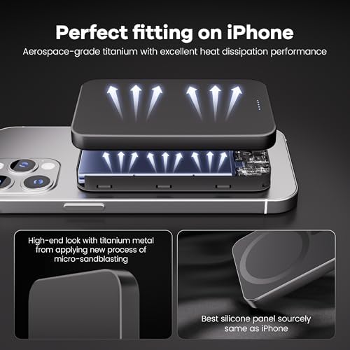 Titanium Ultra-Slim 10000 m Ah Power Bank – Magnetic Fast Charging for i Phone 12-16, Stylishly Durable USB-C & Mag Safe Compatible Charger, Effortless Portability with 20 W PD Power Delivery