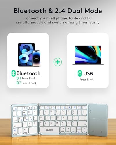 Samsers Portable Bluetooth Keyboard with Touchpad – Ultra-Slim Foldable Wireless Keyboard for Effortless Typing on Android, Windows, and i OS Devices – Rechargeable, Travel-Friendly Design with Device Holder – Black