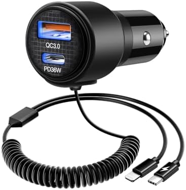 BUNUD 66 W USB C Car Charger with Retractable Cable: Dual Port PD & QC3.0 Adapter for Rapid Charging – Ideal for i Phone 16/15, Galaxy S24/S23, and All USB-C Devices – Perfect for Road Trips and Daily Commuting – Compact Design for Easy Storage and Enhanced Compatibility