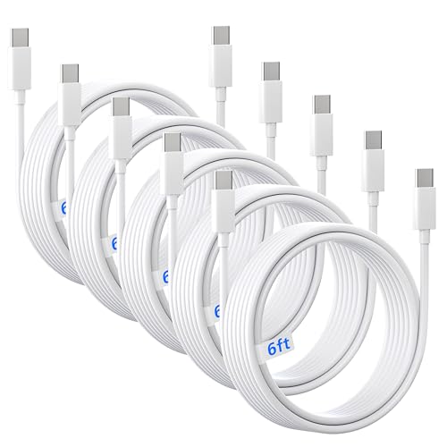 Ultimate 5-Pack 6 ft USB C to C Fast Charging Cables – 60 W Power Delivery for i Phone 16 Series and Galaxy S25, S24, S23, S22 – Durable, Flexible, High-Speed Charging Solution in Sleek White Design for Home & On-the-Go Use