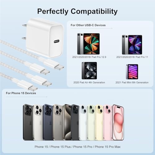 Ultra-Fast Charging Duo: 2 Pack 20 W USB-C Wall Charger with 6 FT & 10 FT Braided Cables for i Phone 15/16 Series and i Pad Pro – Lightweight, Reliable, and Travel-Friendly Power Solution