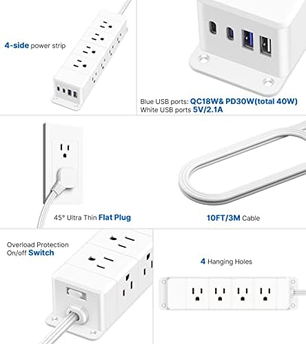 Maximize Workspace Efficiency with the 45 W USB-C Fast Charging Power Strip – 12 Outlets, 4 USB Ports, 1200 J Surge Protection, and 6 FT Flat Extension Cord for Seamless Under Desk Mounting and Enhanced Device Compatibility