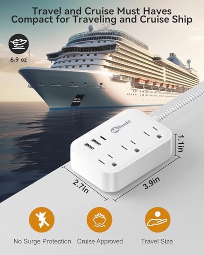 Compact PD 20 W USB C Travel Power Strip with Flat Plug Design, 3 AC Outlets & 3 USB Ports for Rapid Charging – Ideal Cruise Ship Essential & Versatile Charging Station for i Pad Pro, i Phone, Samsung Devices – 3 FT Short Extension Cord for Convenient Use