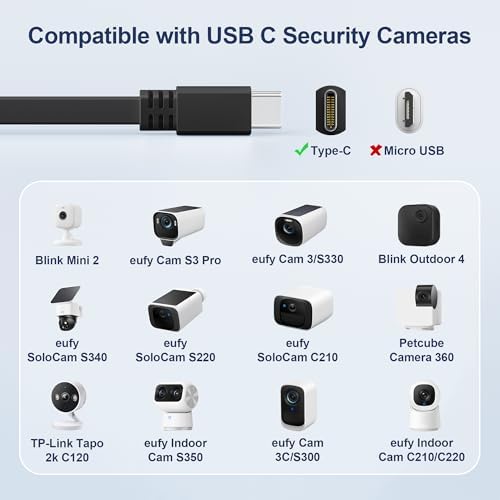 Itramax USB A to USB C Cable Flat White 16.5FT/2Pack,Long USBC Charging Power Cord Type C Security Camera Extension Cable for Blink Mini 2,Petcube Cam 360,TP-Link Tapo 2k C120,Eufy SoloCam C210/S340 – Enhanced Compatibility and Speed