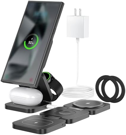 Ultimate 3-in-1 Foldable Wireless Charging Station for Samsung Devices – Magnetic Charger Stand for Galaxy S24, S23 Ultra, S22, S21, Galaxy Watch 6/5/5 Pro/4/3 & Galaxy Buds 2 Pro (Black) – Fast, Efficient Charging & Travel-Friendly Design