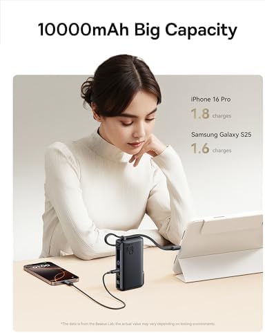 Baseus Nomos 3-in-1 Power Bank: 67 W Fast Charging with Foldable Wall Plug & 10,000 m Ah Capacity – Ultimate Travel Charger with Built-in USB-C Cable for i Phone 16/15, Samsung, Mac Book & Laptops – Unmatched Compatibility & Speed on the Go