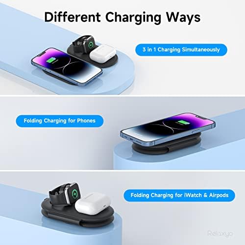 Efficient RELAXYO 3-in-1 Wireless Charging Station for i Phone 15-11, Apple Watch Series 9-4, and Air Pods 3/2/Pro – Fast, Compact Charger for Tech Enthusiasts & Travelers, Tidy Cable-Free Solution for Home and Office Use