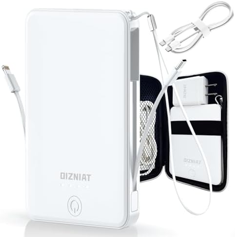 Premium 10000 m Ah Slim Portable Power Bank with Dual Built-In Cables – Fast 22.5 W Quick Charge for i Phone 11-16 & Android Devices – Ultra-Lightweight Travel Companion with 4 Outputs – Complete Charging Solution Including Wall Charger & Organizer – Versatile Compatibility for All Your Gadgets