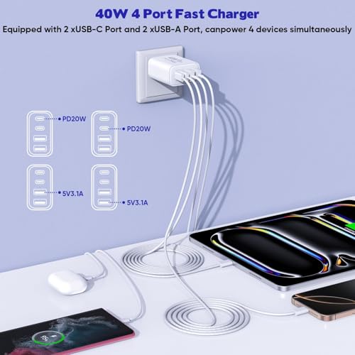 Ultimate 10 FT i Phone 16 & 15 Pro Charger Set – Dual Pack 40 W USB C Fast Charging Cables with 4-Port PD & AC Wall Adapter for Enhanced Compatibility and Convenience – Ideal for Home and Office Use